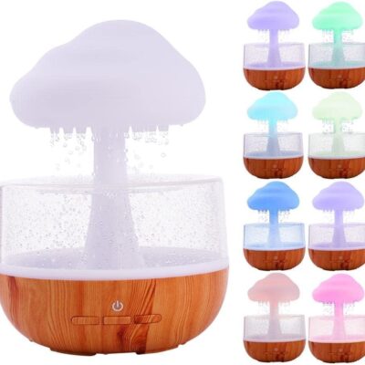 Cloud Humidifier Mushroom Diffuser Raindrop Sound Night Light Cute Lamp Soothing Meditation Relaxing Creative Gift Wooden Colorb