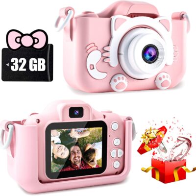 Kids Camera Toys for 3-12 Year Old Boys/Girls, Kids Digital Camera for Toddler with 1080P Video, Chritmas Birthday Festival Gifts for Kids, Selfie Camera for Kids, 32GB SD Card(Pink)