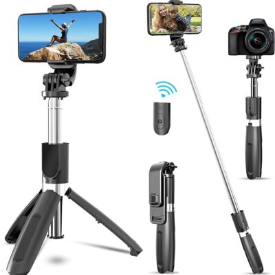 Selfie Stick, 3 in 1 Extendable Selfie Stick Tripod with Detachable Bluetooth Wireless Remote Phone Holder for iPhone 12/Xs/iPhone 8/iPhone 11/11pro, Galaxy S10/S9 Plus/S8/Note8, LG (L02, Black)